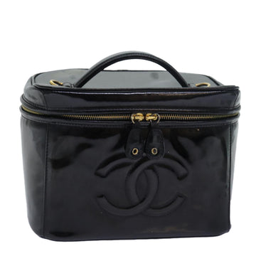 Top Quality Chanel COCO Mark Vanity Cosmetic Pouch Enamel Black CC Auth 79536