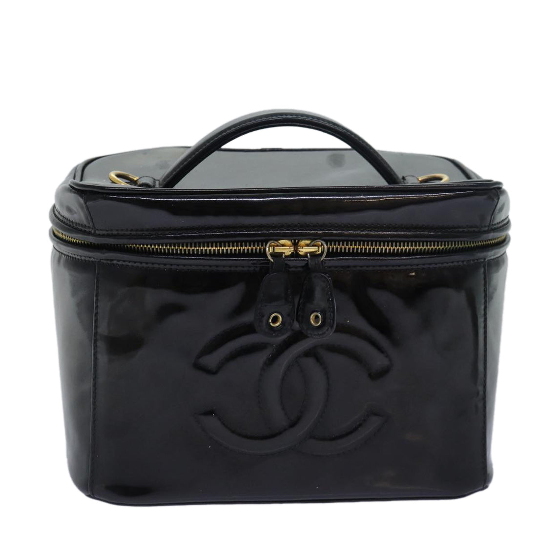 Top Quality Chanel COCO Mark Vanity Cosmetic Pouch Enamel Black CC Auth 79536