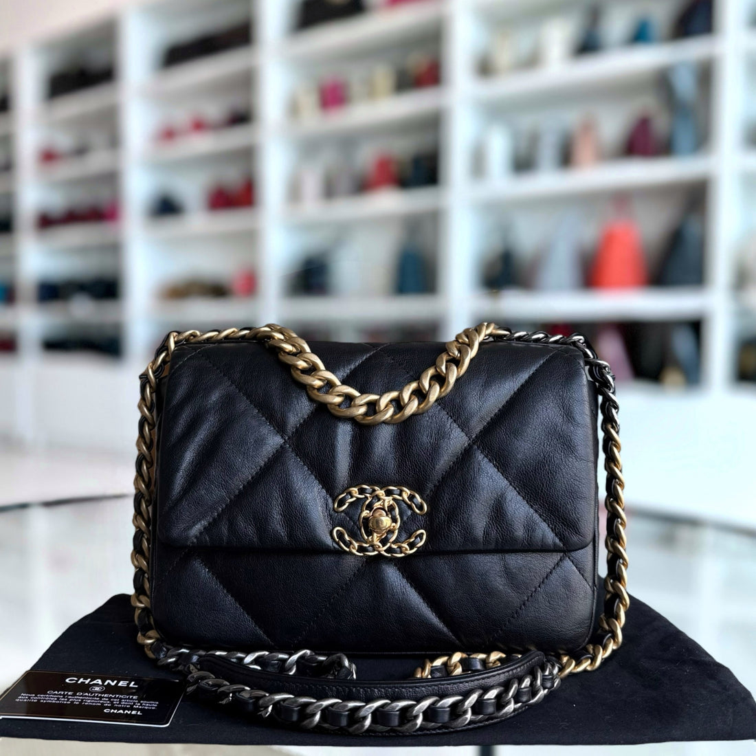 Chanel 19 Bag Small C19 - Quilted Goatskin Black Gold Two-tone Hardware Series 30