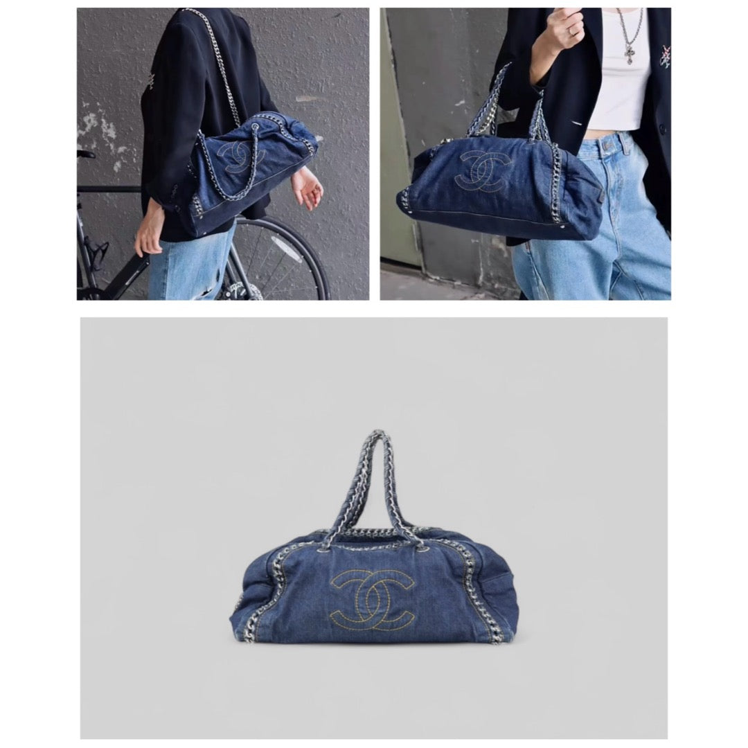 Good ( Rank AB)? CHANEL Denim Vintage  Bowling Bag Blue Made In 2005- 2006Year?J25060506