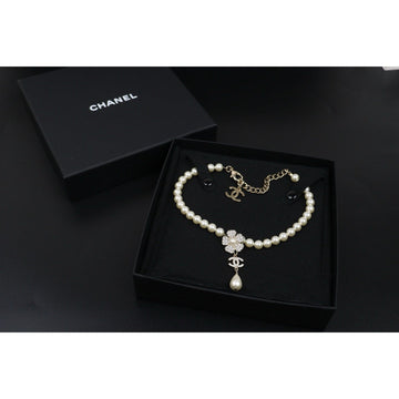 Excellent?Rank SA?? CHANEL Coco Mark Camellia Pearl Rhinestone  Necklace?S25071003