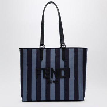 FENDI Striped Fabric Shopper Handbag with Logo and Leather Details