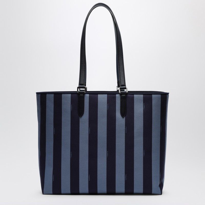 FENDI Striped Fabric Shopper Handbag with Logo and Leather Details