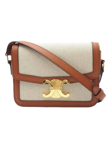 CELINE Teen Triomphe Textile Calfskin Shoulder Bag Natural Tan