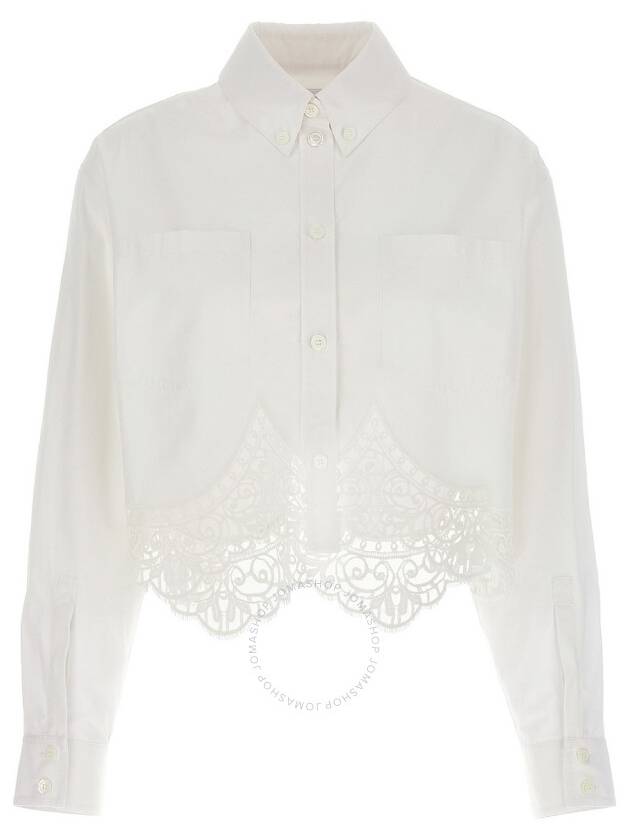 Burberry Women's Macrame Lace Hem Cropped Cotton Shirt Uptic White