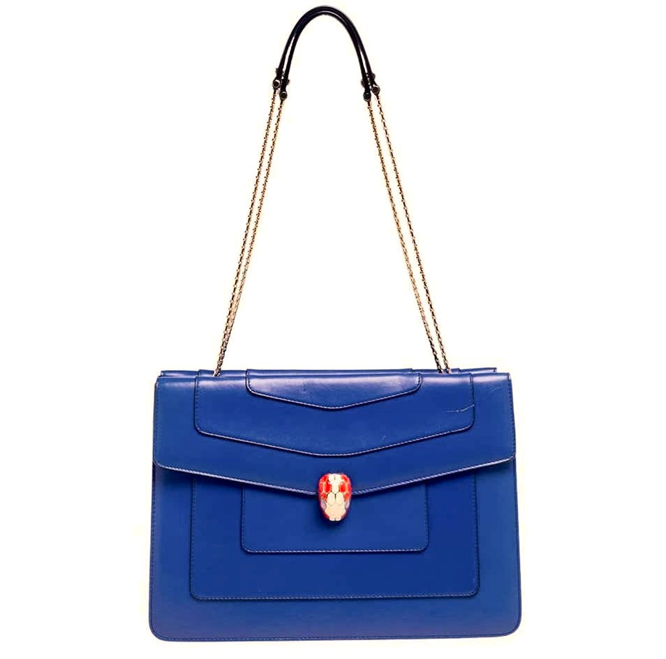 Bvlgari Serpenti Blue Leather Large Double Flap Snakehead Shoulder Bag