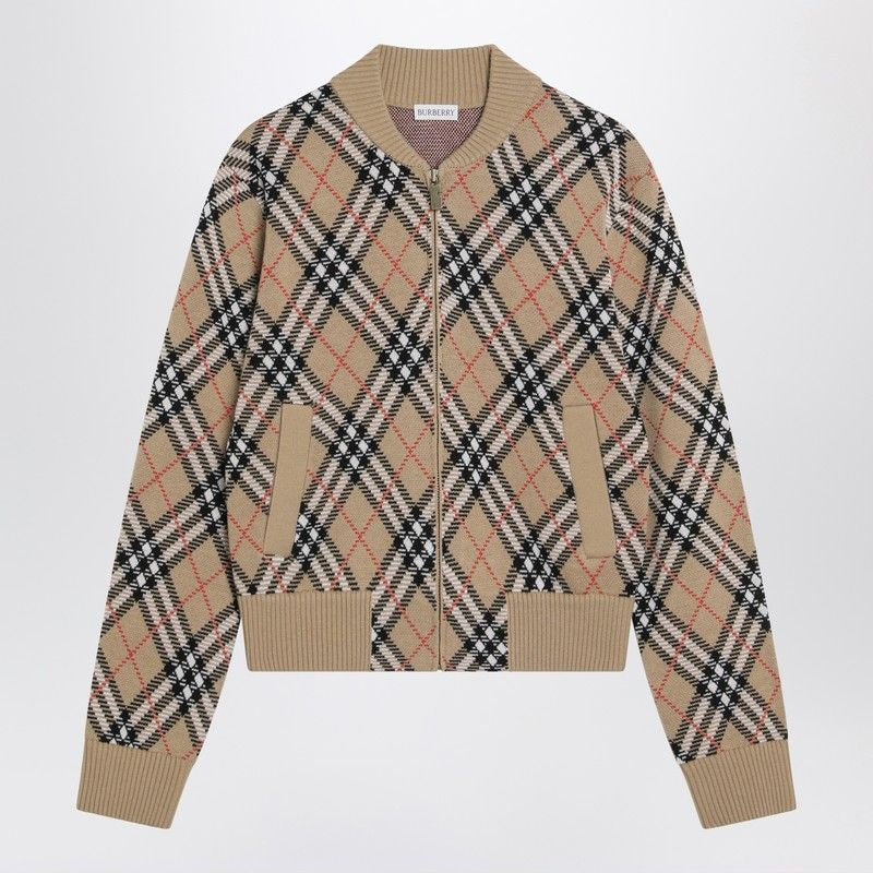 BURBERRY Check Wool Zip-Up Cardigan for Women