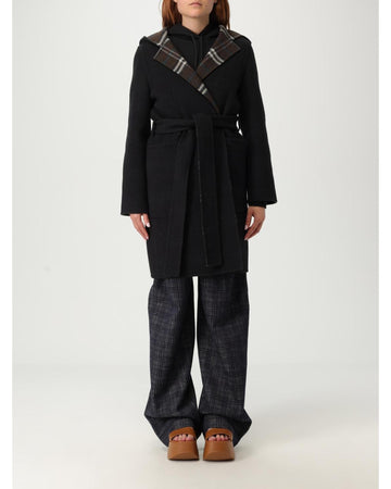 Burberry Belted Hooded Wool Coat Women Black