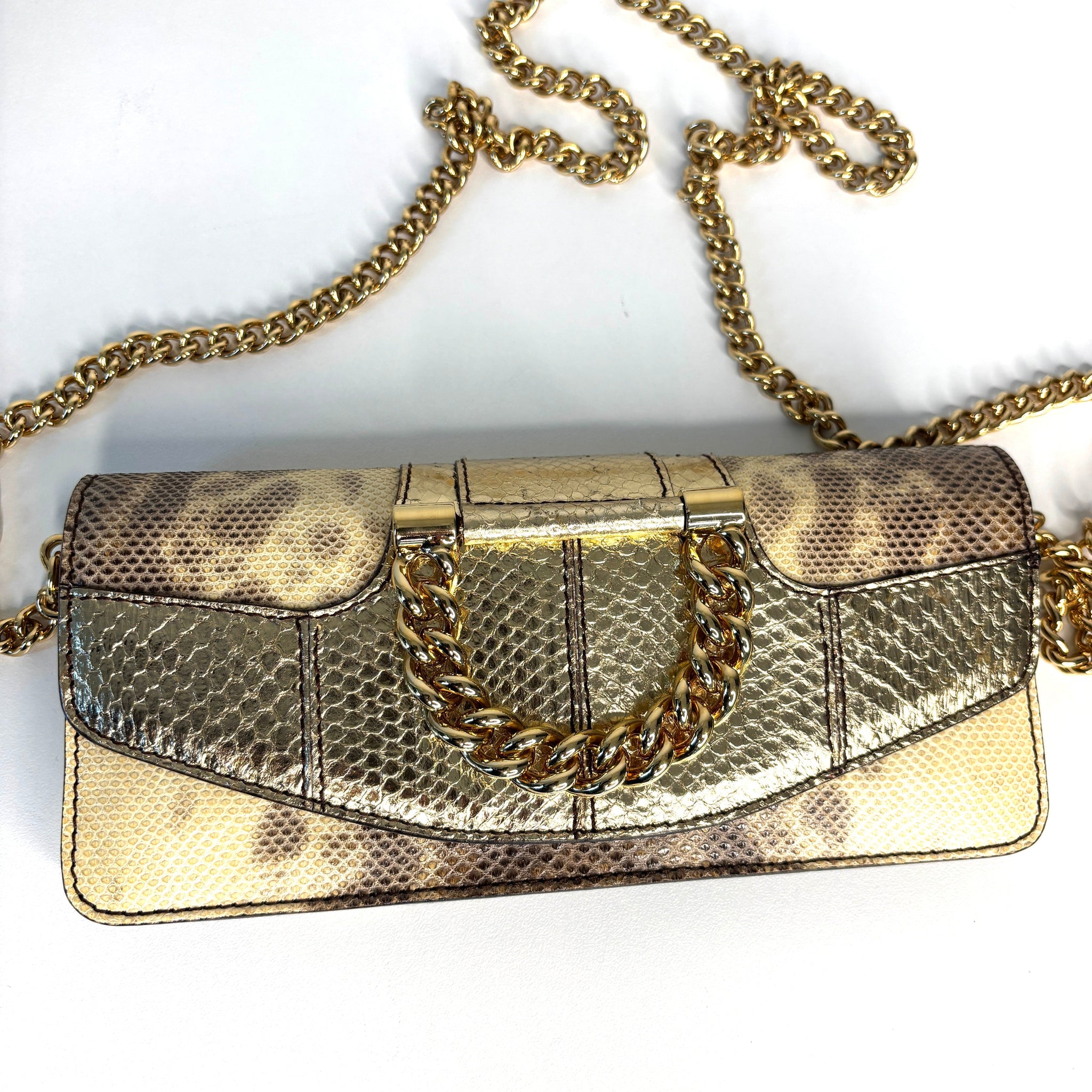 Dolce & Gabbana Serpente Snakeskin Gold Chain Crossbody Shoulder Bag - Preloved