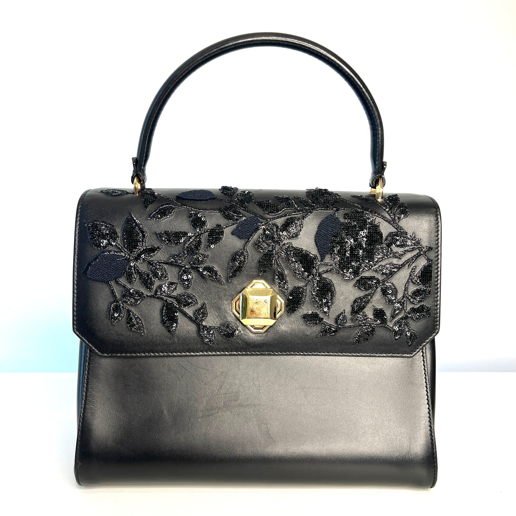 Elie Saab Zeus Embroidery Fleurs Black Leather Top Handle Bag - Preloved