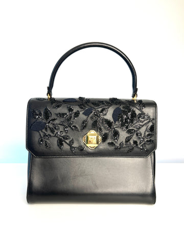 Elie Saab Zeus Embroidery Fleurs Black Leather Top Handle Bag - Preloved