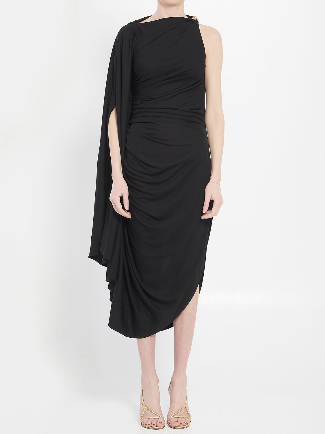 BOTTEGA VENETA Draped Midi Dress with Unique Shoulder Detail