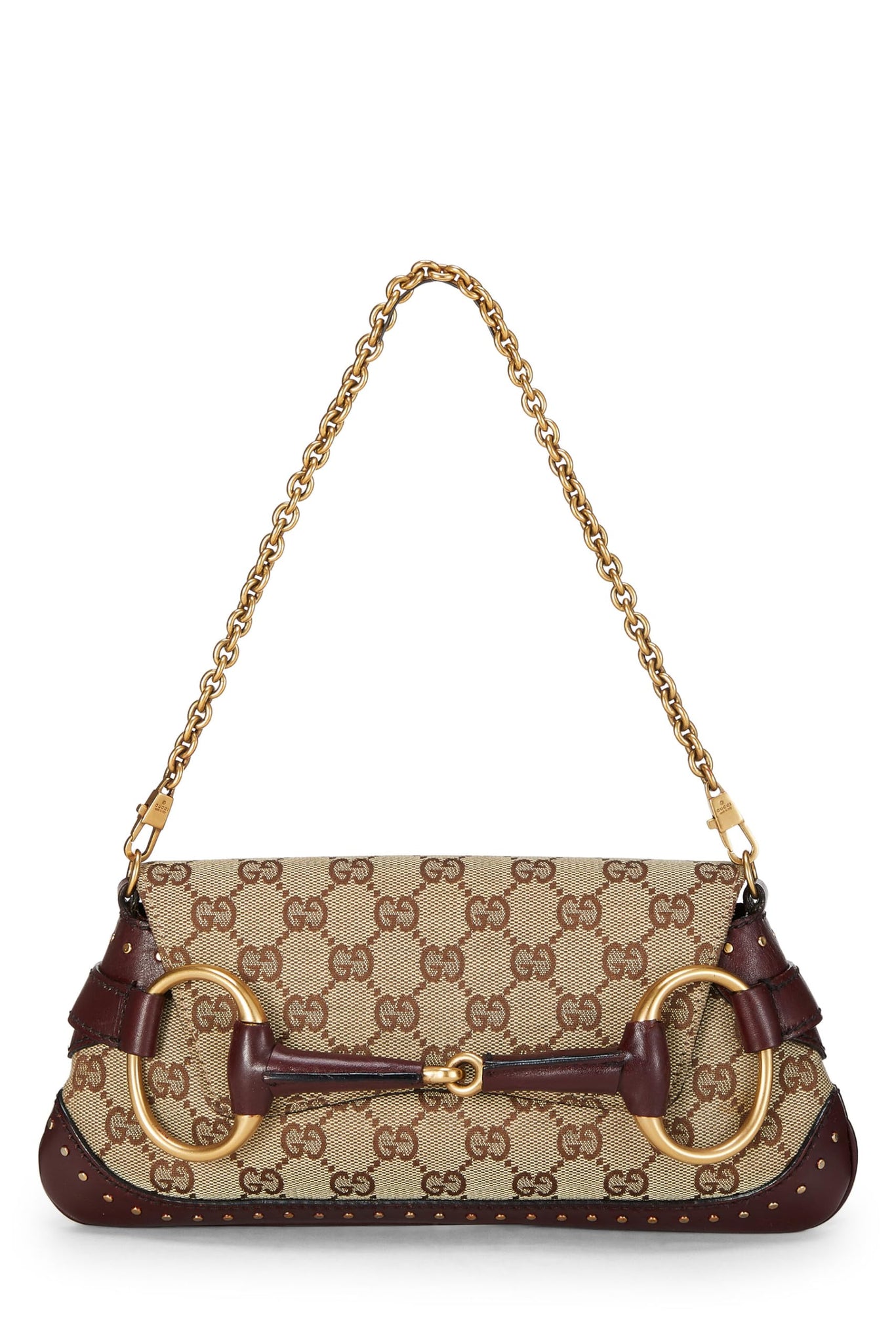 Gucci, Burgundy Original GG Canvas Studded Horsebit Chain Clutch, Burgundy