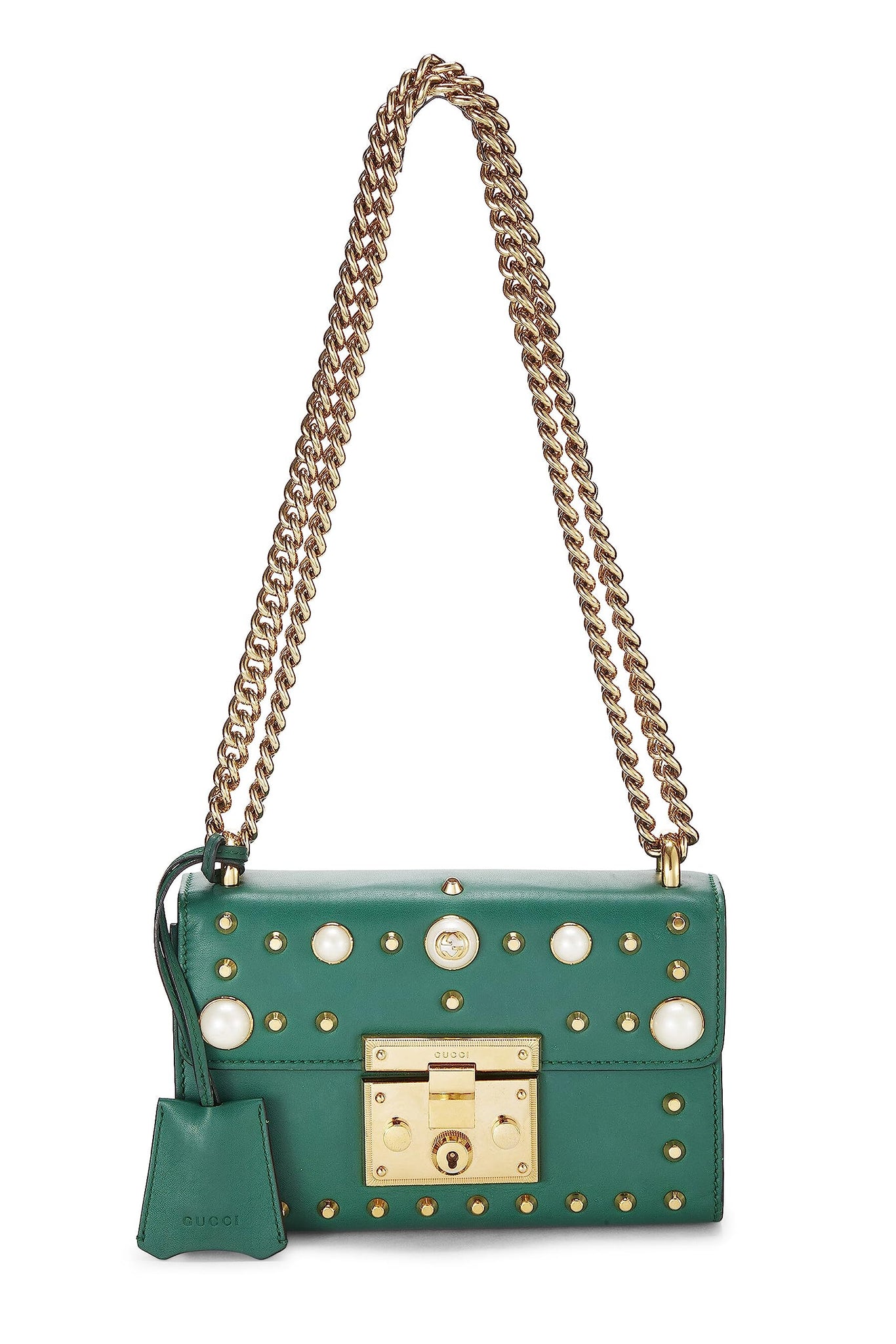 Gucci, Green Leather Studded Padlock Shoulder Bag Small, Green