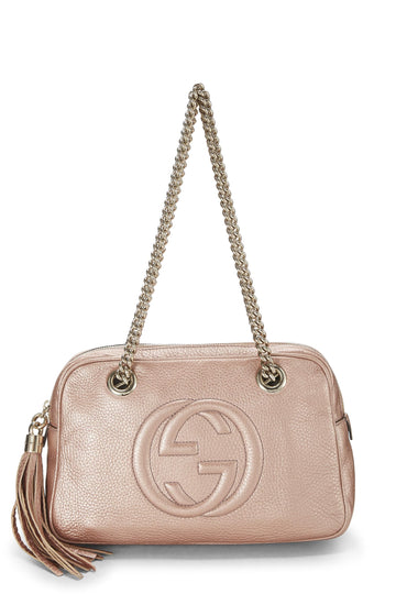 Gucci, Metallic Pink Grained Leather Soho Chain Shoulder Bag, Pink