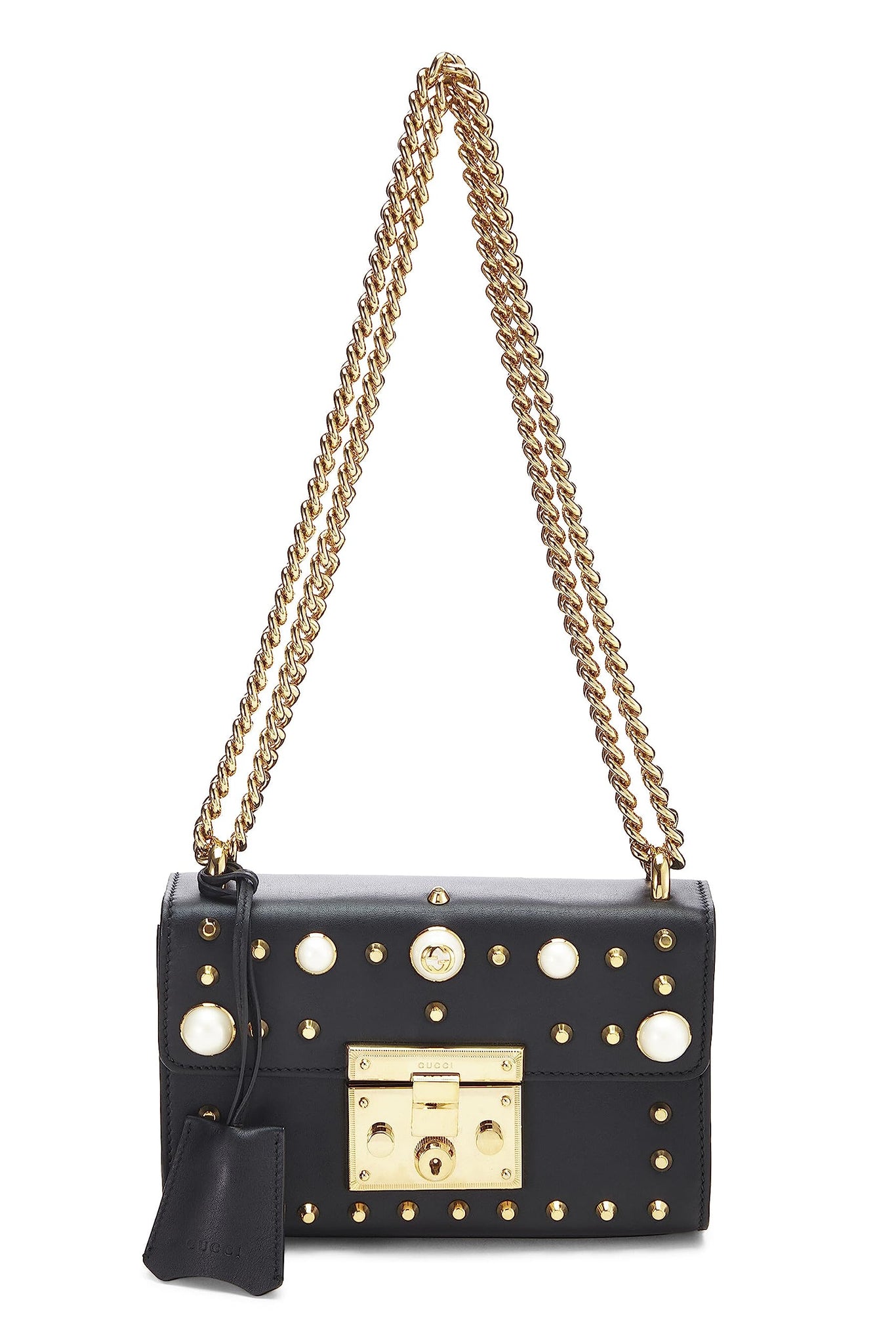 Gucci, Black Leather Studded Padlock Shoulder Bag Small, Black