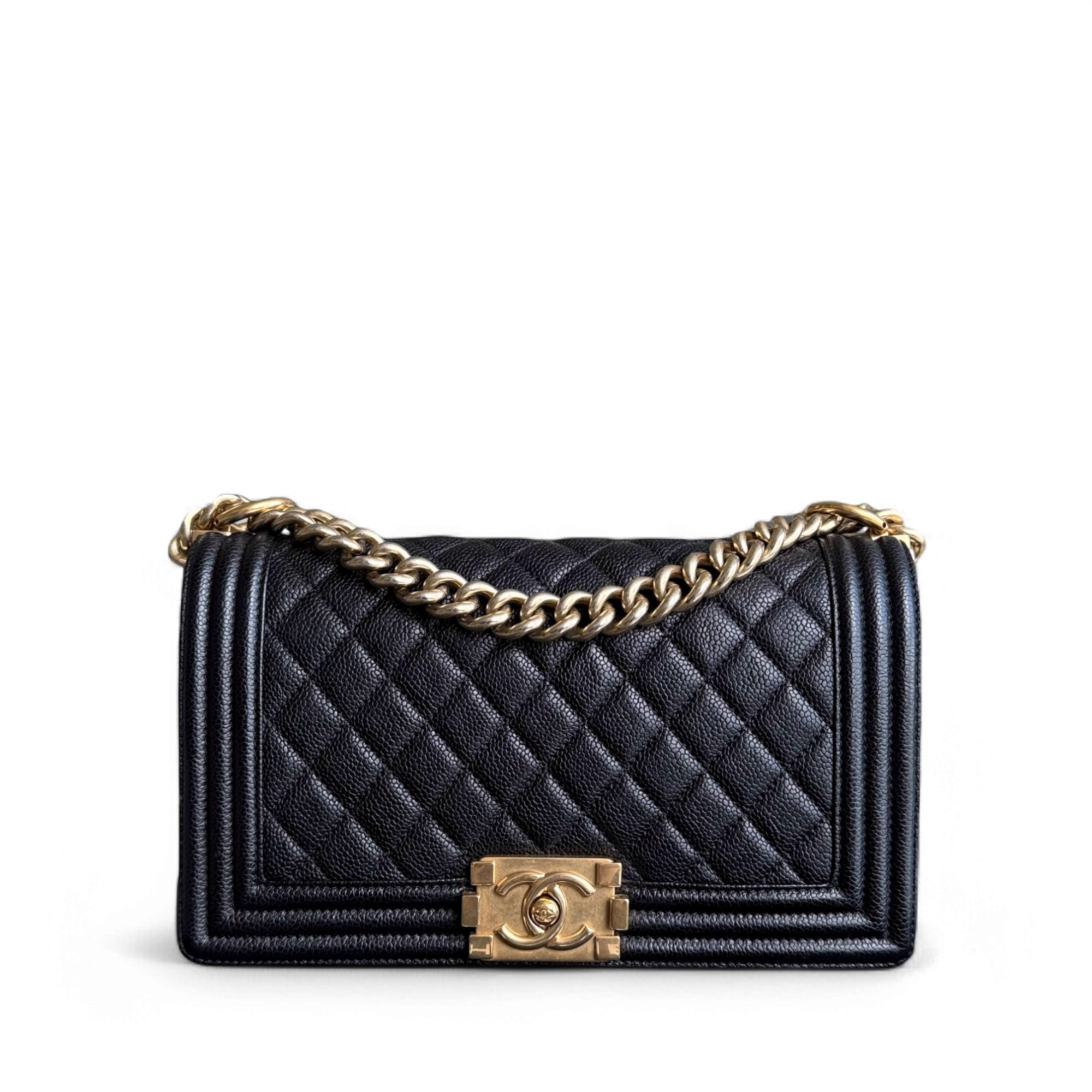 Chanel Boy Medium - Caviar 25CM Quilted Black Aged Gold Hardware Series 23