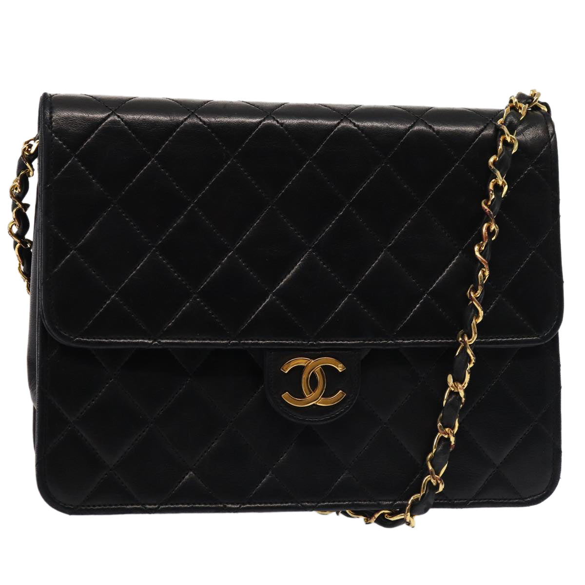 Top Quality Chanel Matelasse Chain Shoulder Bag Lamb Skin Black CC Auth 83342