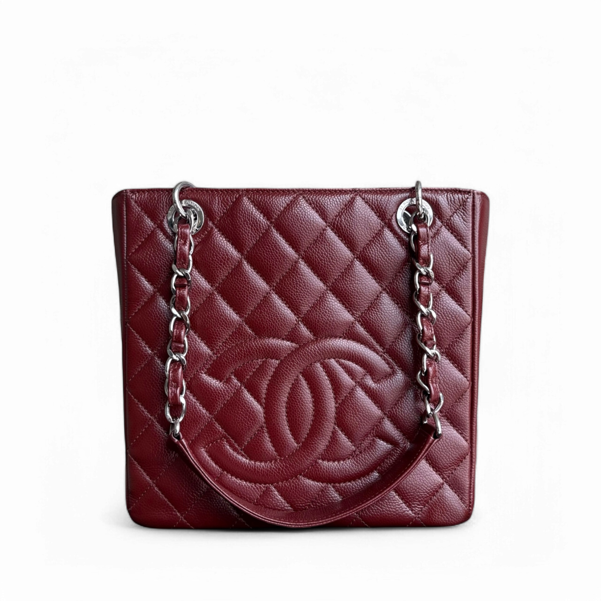 Chanel PST Petite Shopping Tote - Caviar Quilted Burgundy Dark Red Silver Hardware Series 18