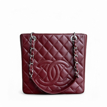 Chanel PST Petite Shopping Tote - Caviar Quilted Burgundy Dark Red Silver Hardware Series 18