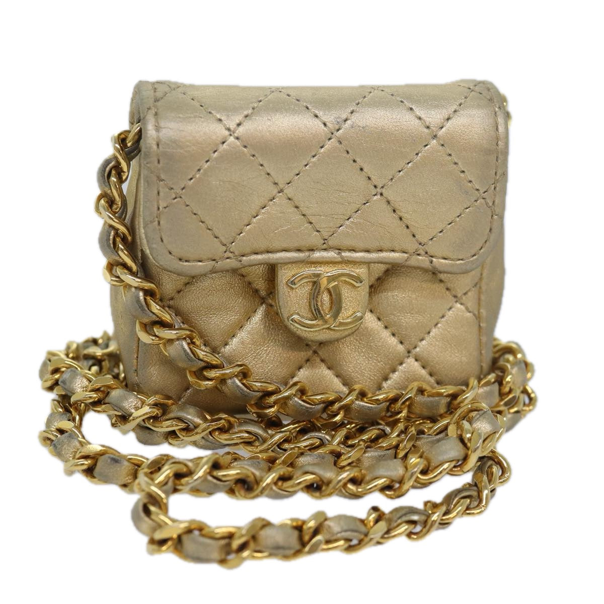 Top Quality Chanel Mini Matelasse Chain Shoulder Bag Lamb Skin Gold Tone CC Auth 84205A