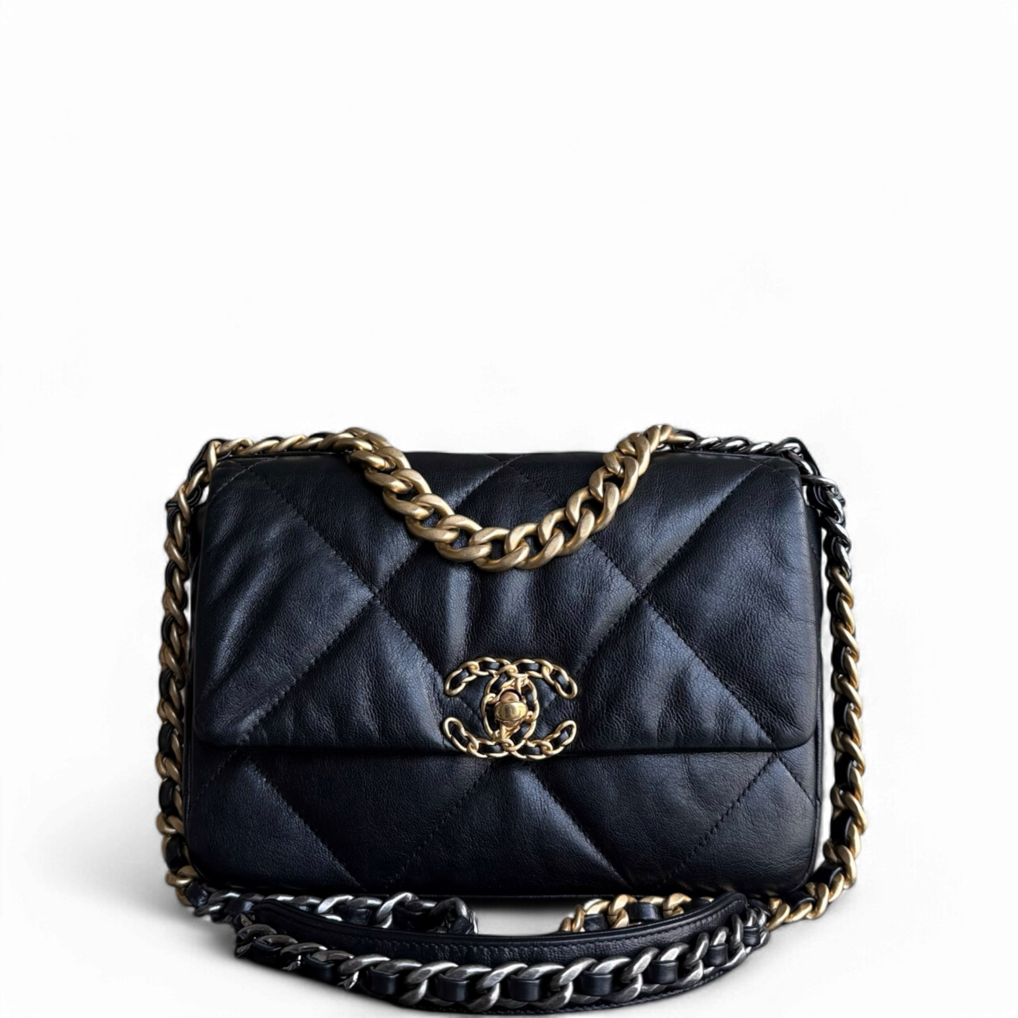 Chanel 19 Bag Small C19 - Quilted Goatskin Black Gold Two-tone Hardware Series 30
