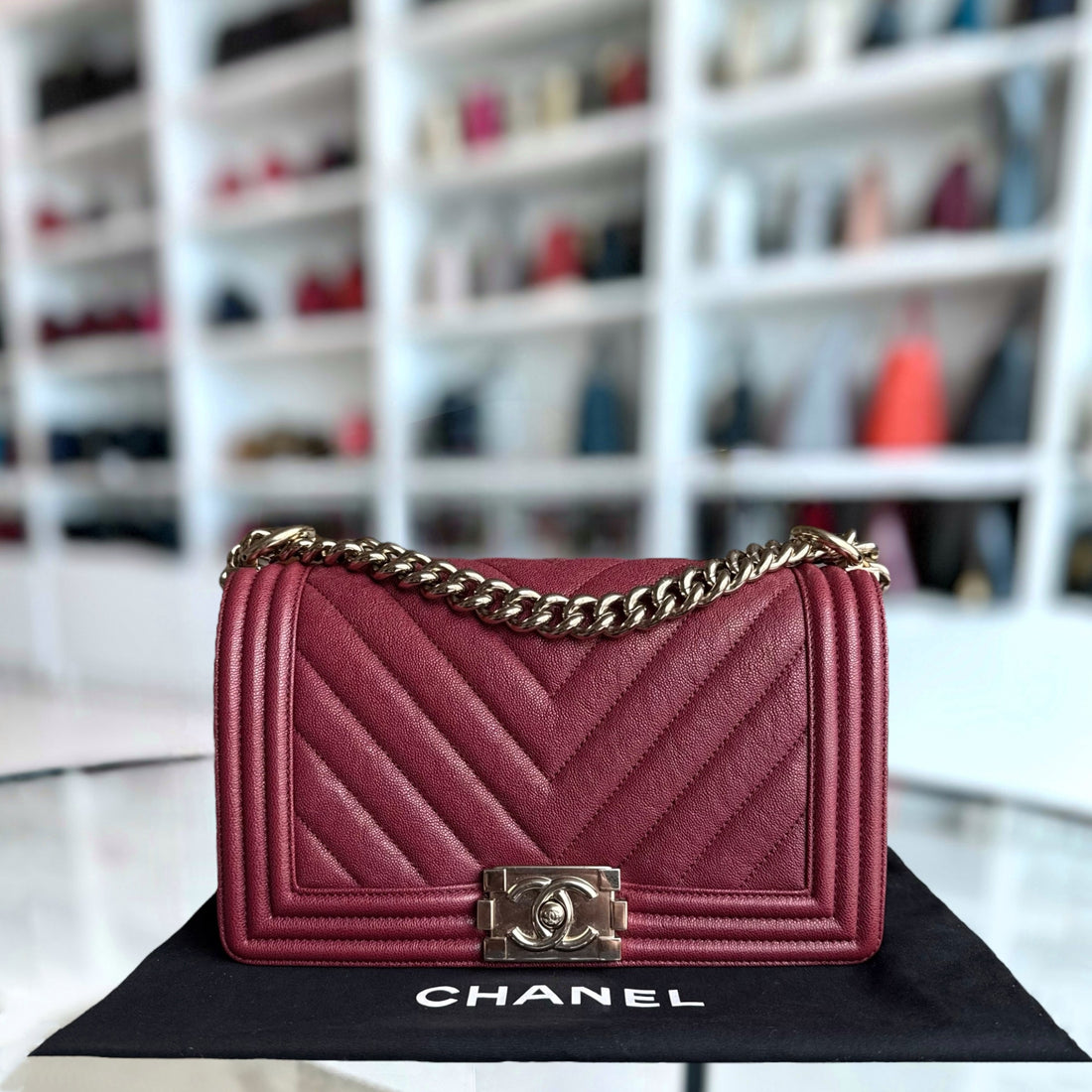 Chanel Boy Medium - Caviar 25CM Chevron Red Gold Hardware Series 28