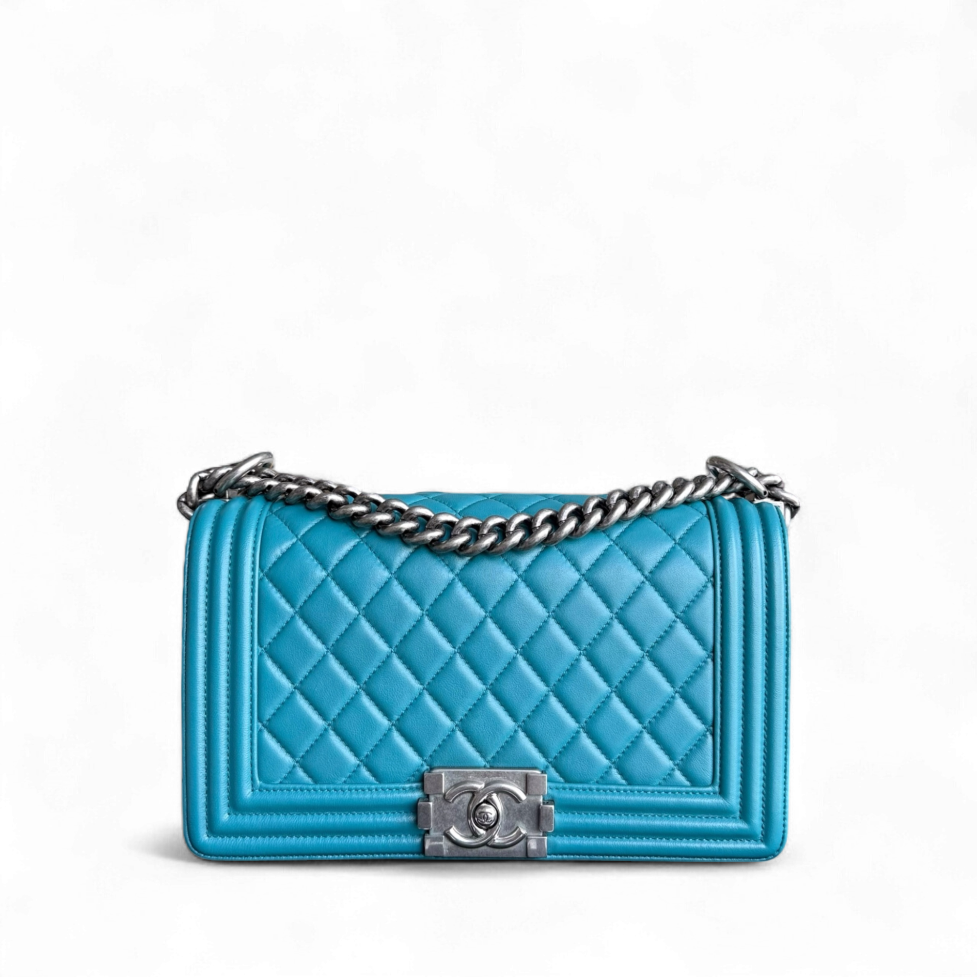 Chanel Boy Medium - 25CM Quilted Lambskin Blue Silver Hardware Series 19