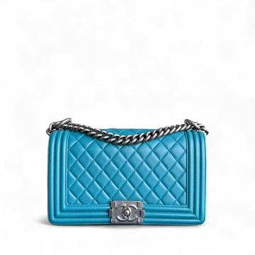 Chanel Boy Medium - 25CM Quilted Lambskin Blue Silver Hardware Series 19