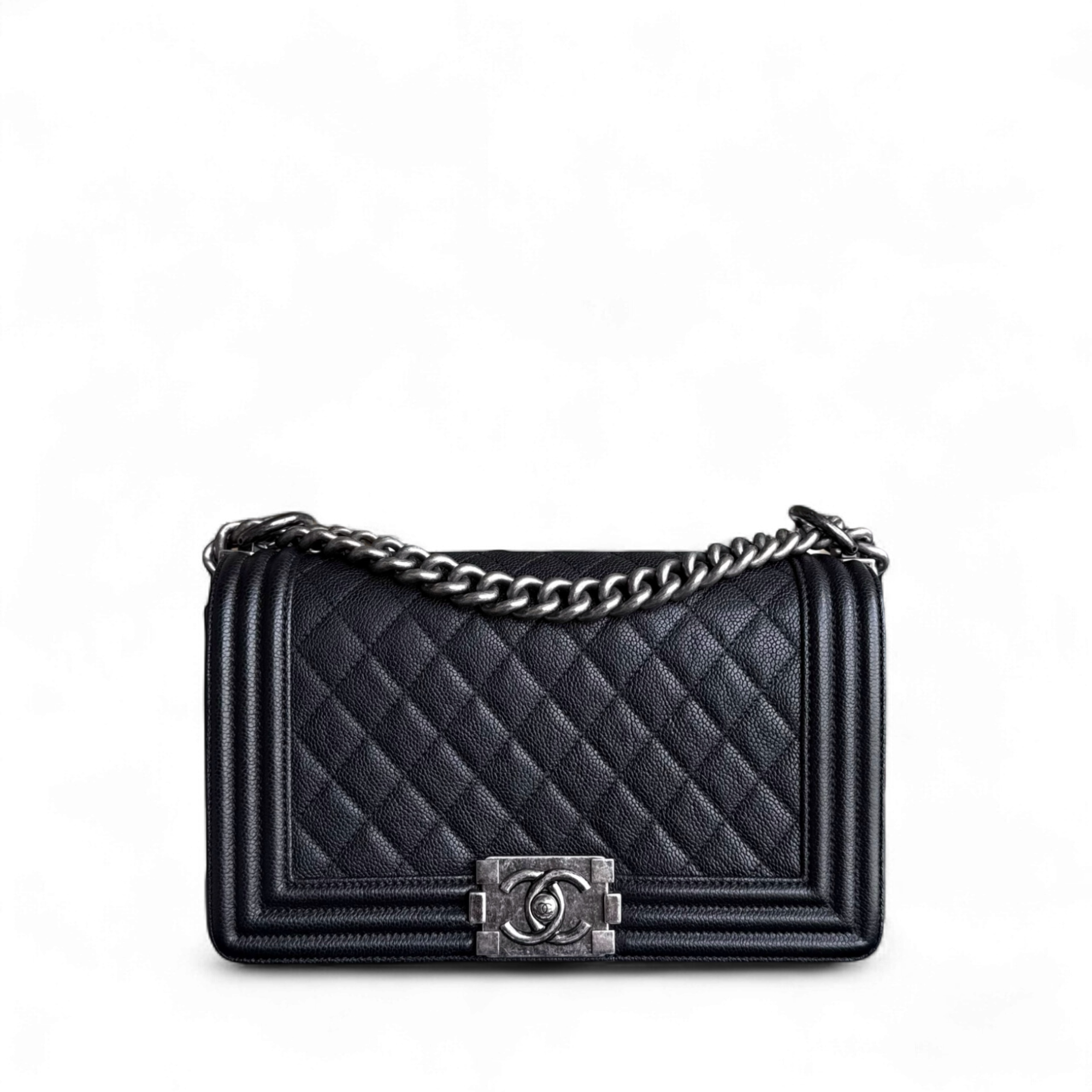 Chanel Boy Medium - Caviar 25CM Quilted Black Ruthenium Silver Hardware Series 23