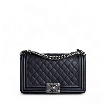 Chanel Boy Medium - Caviar 25CM Quilted Black Ruthenium Silver Hardware Series 23