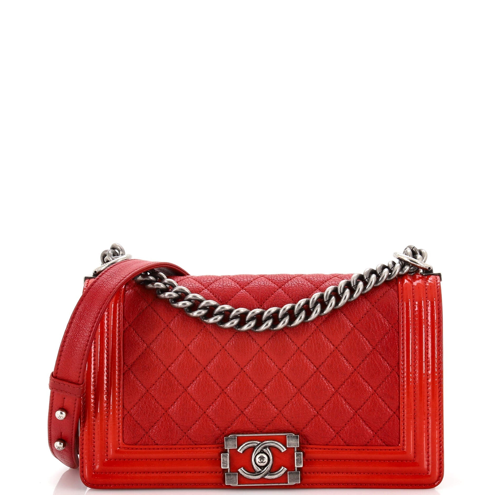 CHANEL Boy Flap Bag Quilted Goatskin with Patent Old Medium