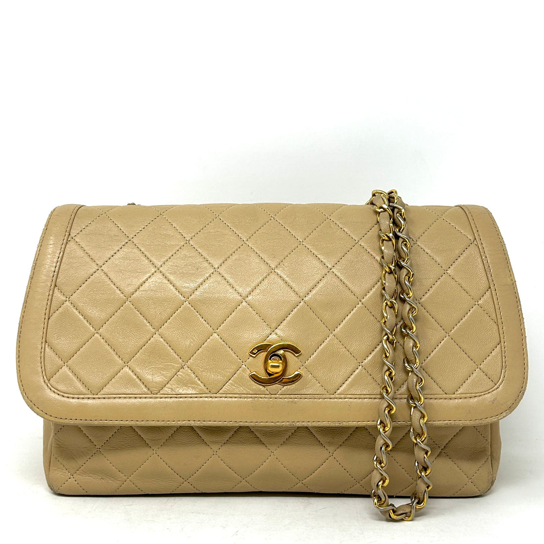 Chanel Beige Quilted Leather CC Logo Flap Shoulder Bag 24K Gold Plated - Preloved