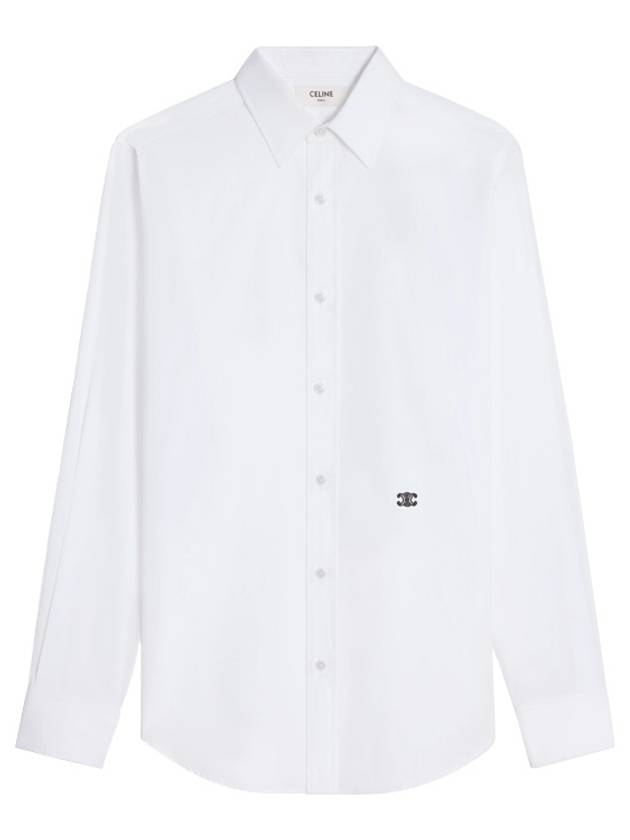 CELINE Triomphe Embroidered Poplin Cotton Long Sleeve Shirt White