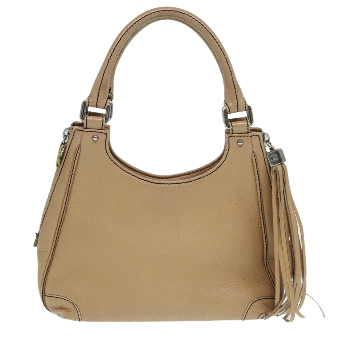 Top Quality Chanel Fringe Hand Bag Leather Beige CC Auth 87088