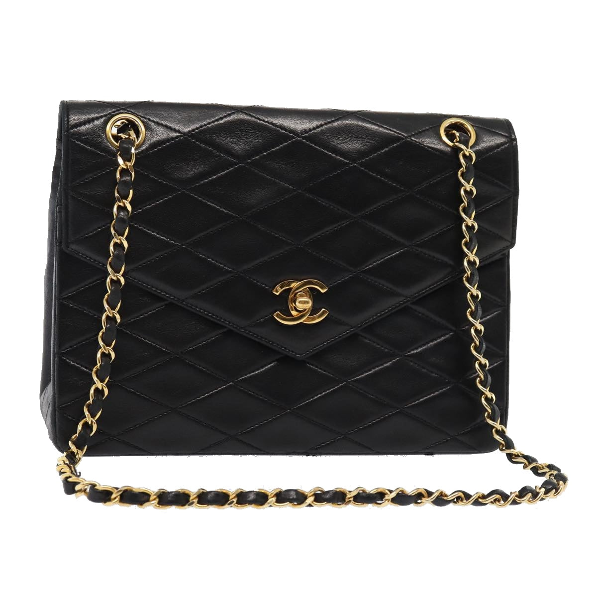 Top Quality Chanel Matelasse Turn Lock Chain Hand Bag Lamb Skin Black Gold CC Auth 87124A