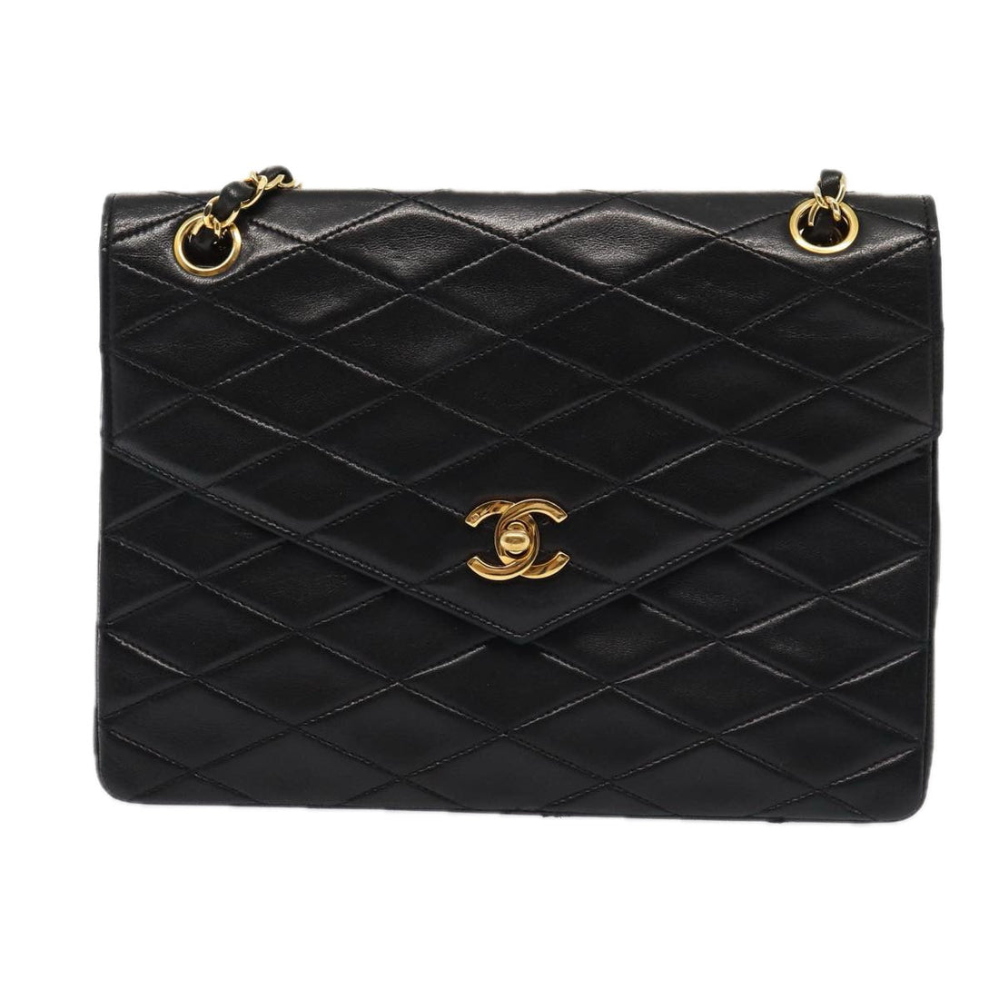 Top Quality Chanel Matelasse Turn Lock Chain Hand Bag Lamb Skin Black Gold CC Auth 87124A