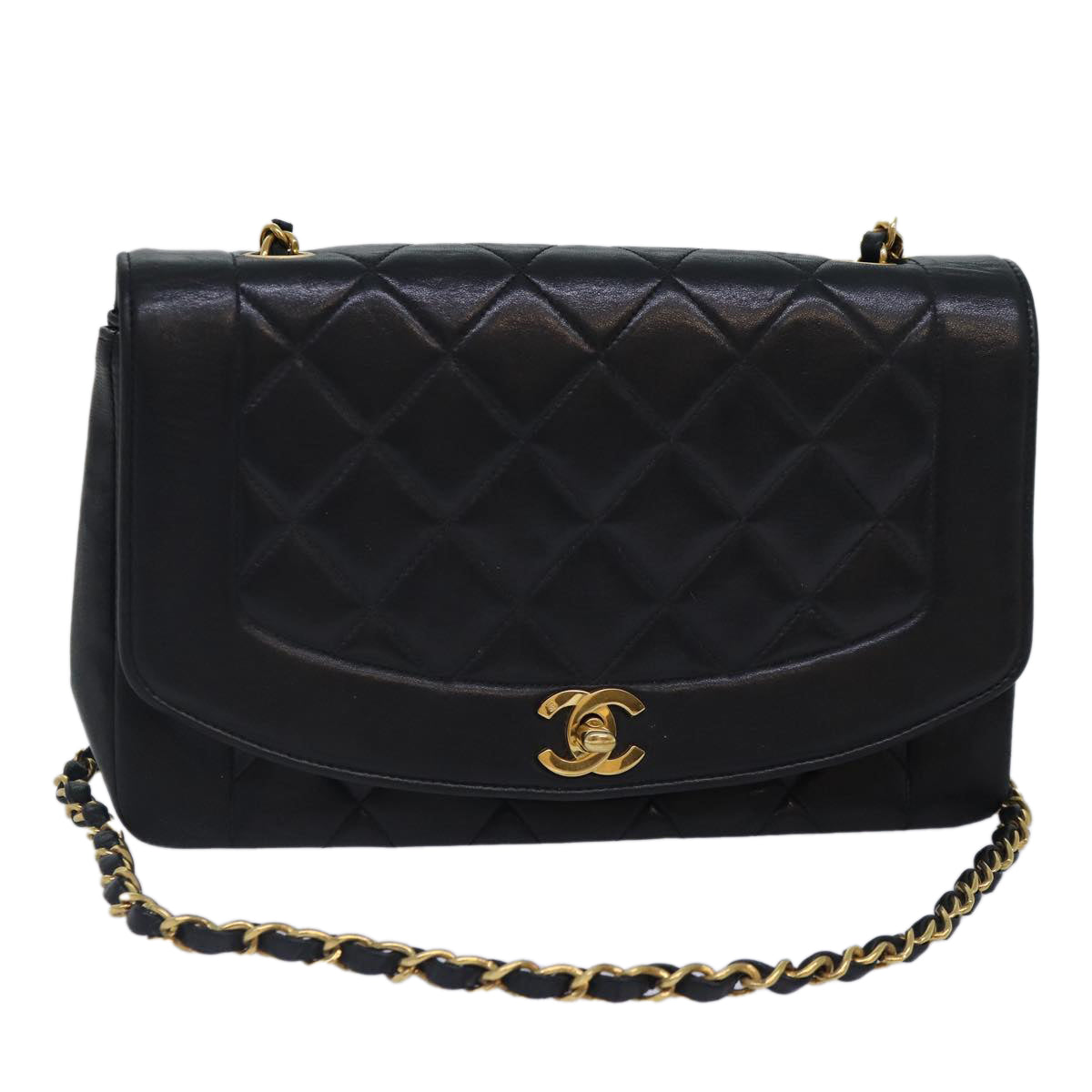 Top Quality Chanel Diana Matelasse Chain Shoulder Bag Lamb Skin Black CC Auth 87740A