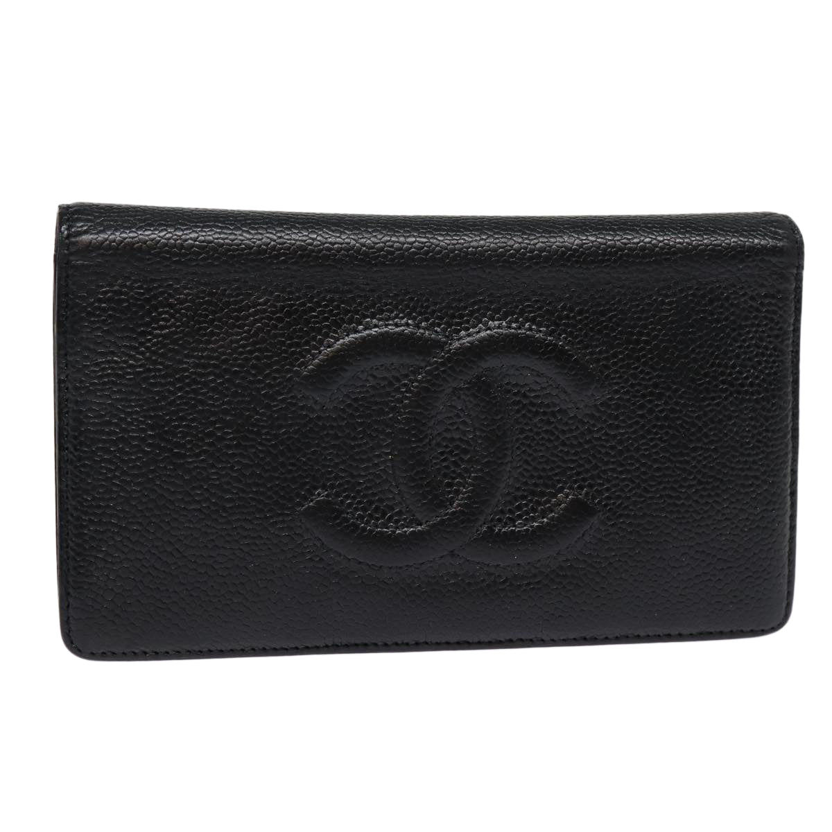 Top Quality Chanel COCO Mark Long Wallet Caviar Skin Black Silver CC Auth 88618