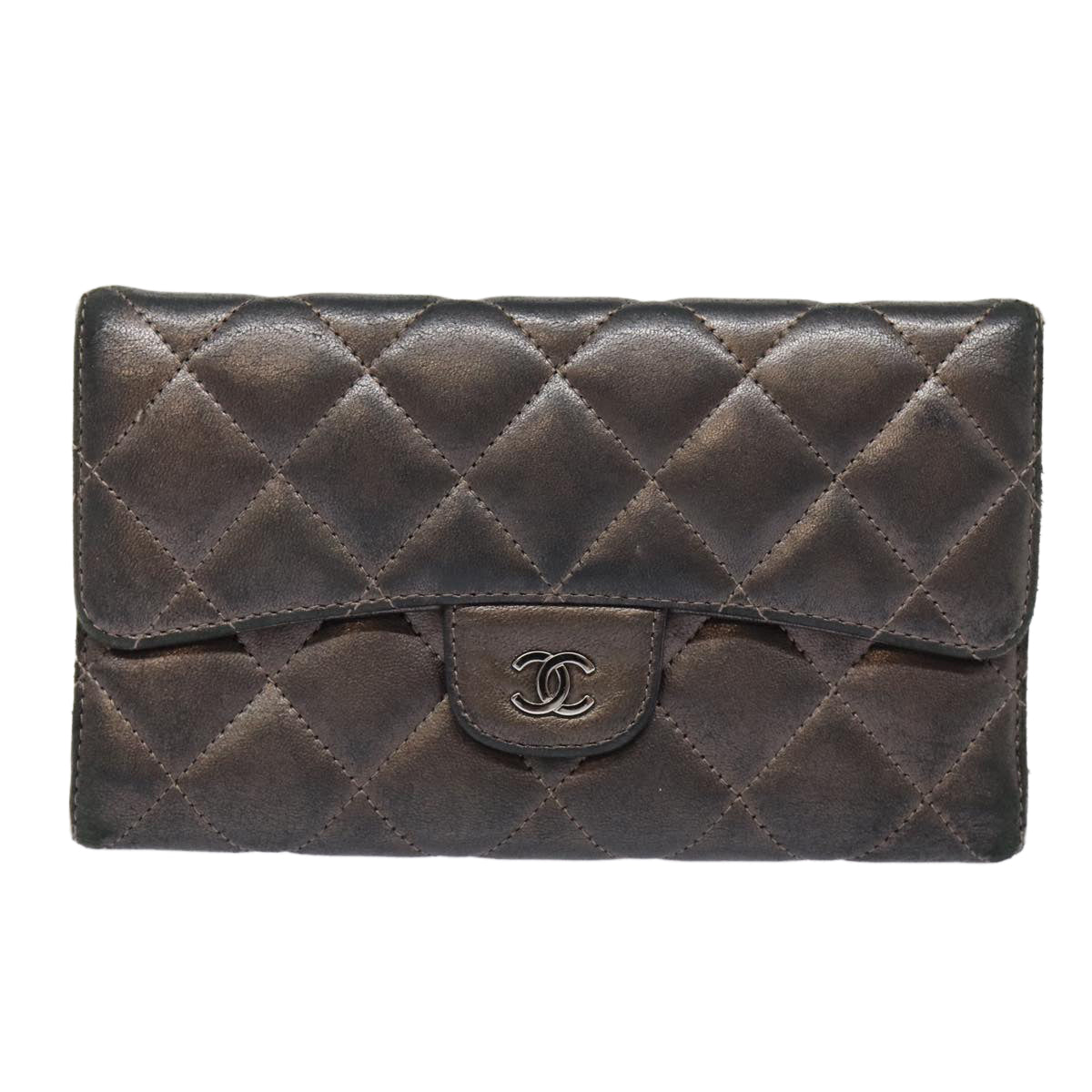 Top Quality Chanel Matelasse Wallet Leather Silver Gunmetal CC Auth 88726