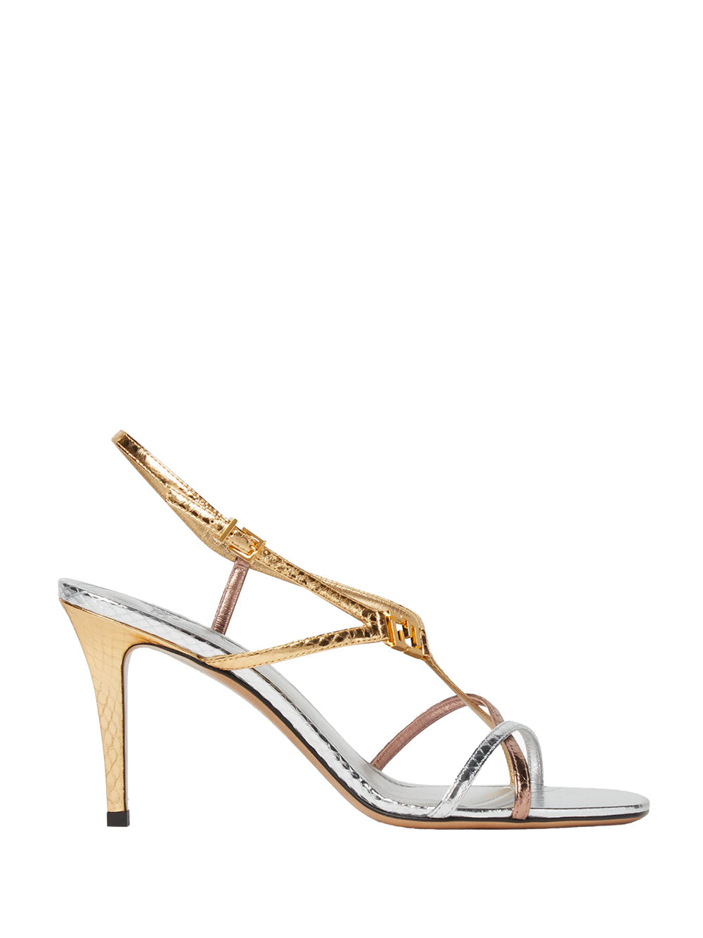 FENDI FOLD MULTICOLOUR METALLIC HIGH-HEELED SANDALS - EEL HEIGHT: 8.5 CM