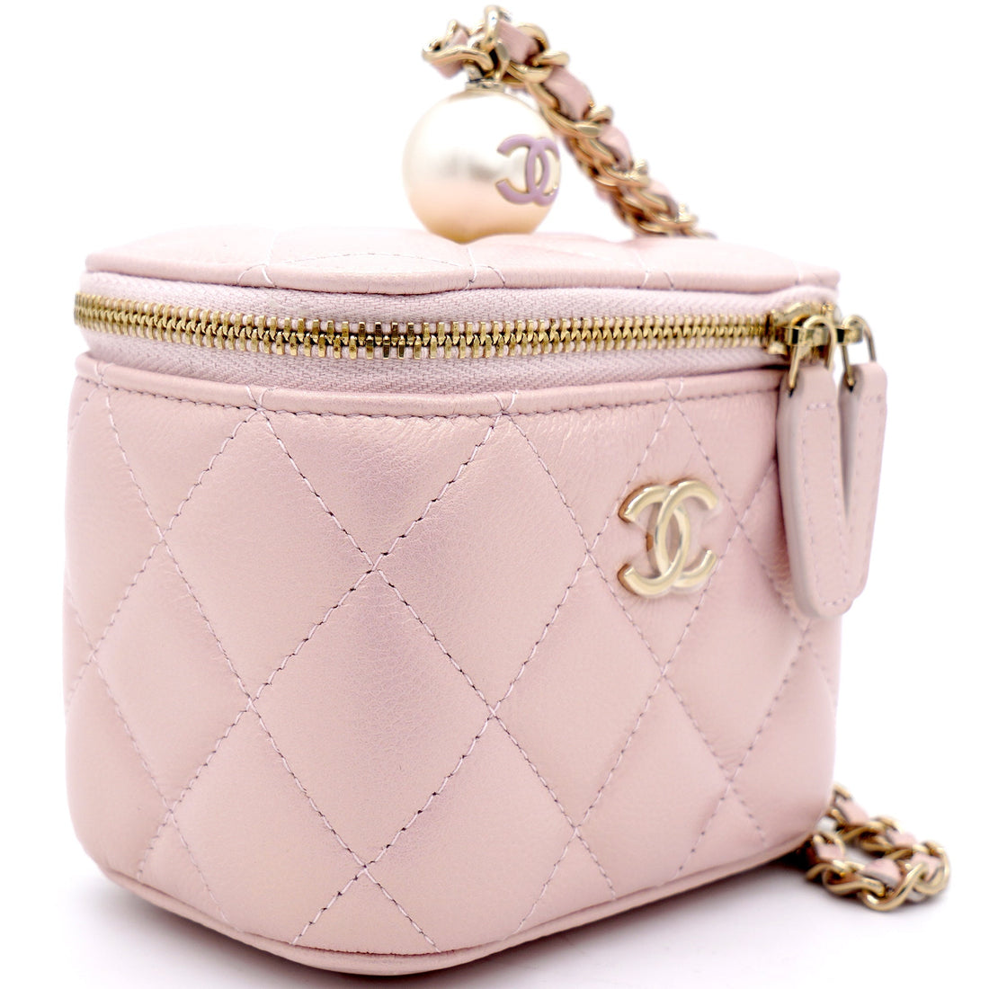 Chanel Mini Caviar GHW Vanity Case with Pearl Details Light Pink