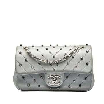 Chanel V Stitch Cocomark Chain Shoulder Bag Silver Leather