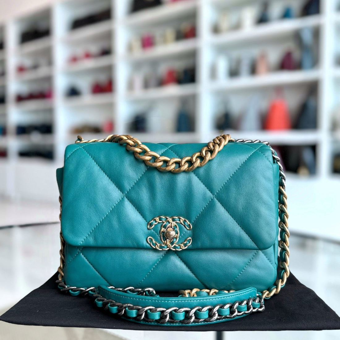 Chanel 19 Bag Small - Quilted Goatskin Green Blue Two-tone Hardware Series 30