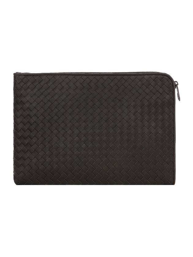 Bottega Veneta Intrecciato Weaving Zipper Clutch Bag Black Brown