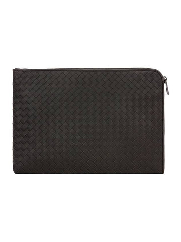 Bottega Veneta Intrecciato Weaving Zipper Clutch Bag Black Brown