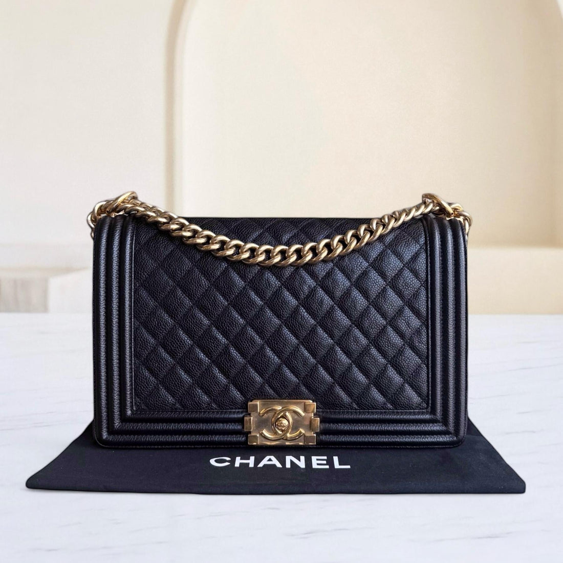 Chanel Boy New Medium - Caviar 28CM Quilted Black Gold Hardware Series 23