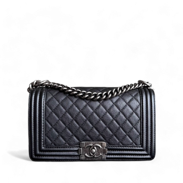 Chanel Boy Medium - 25CM Quilted Grained Calfskin Black Ruthenium Silver Hardware Series 18