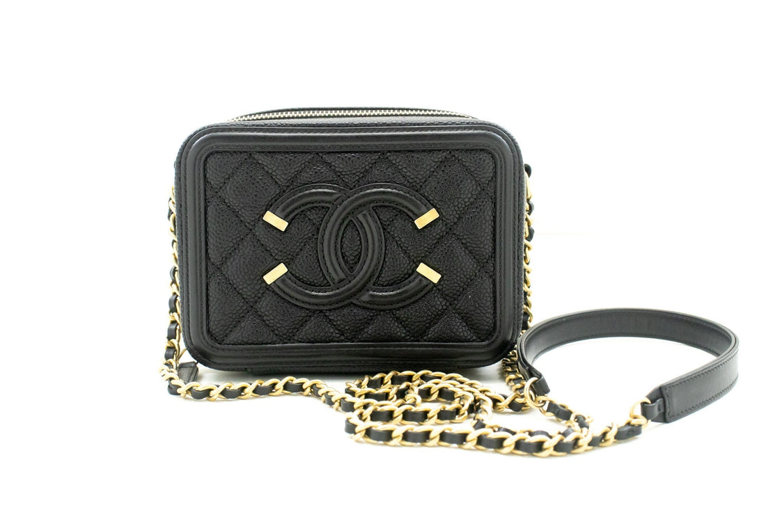 Top Quality Chanel Micro Caviar Grained Calfskin Chain Shoulder Bag Black Zip