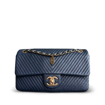 Chanel Seasonal Herringbone Medium Flap - Calfskin Chevron Blue Distressed Aged Gold Hardware Series 21